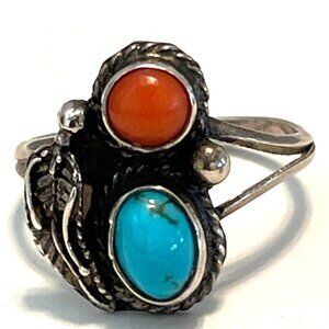 Vtg Navajo Tribal Sterling Silver Turquoise Coral Leaf Ring Southwestern Sz 6.5